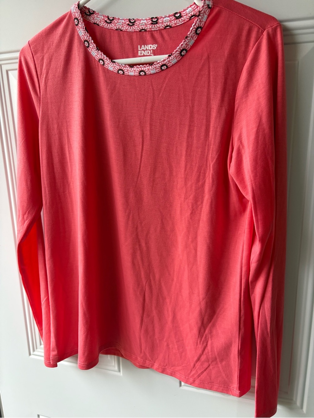 Lands' End Pink Long-Sleeve Crewneck with Floral Trim